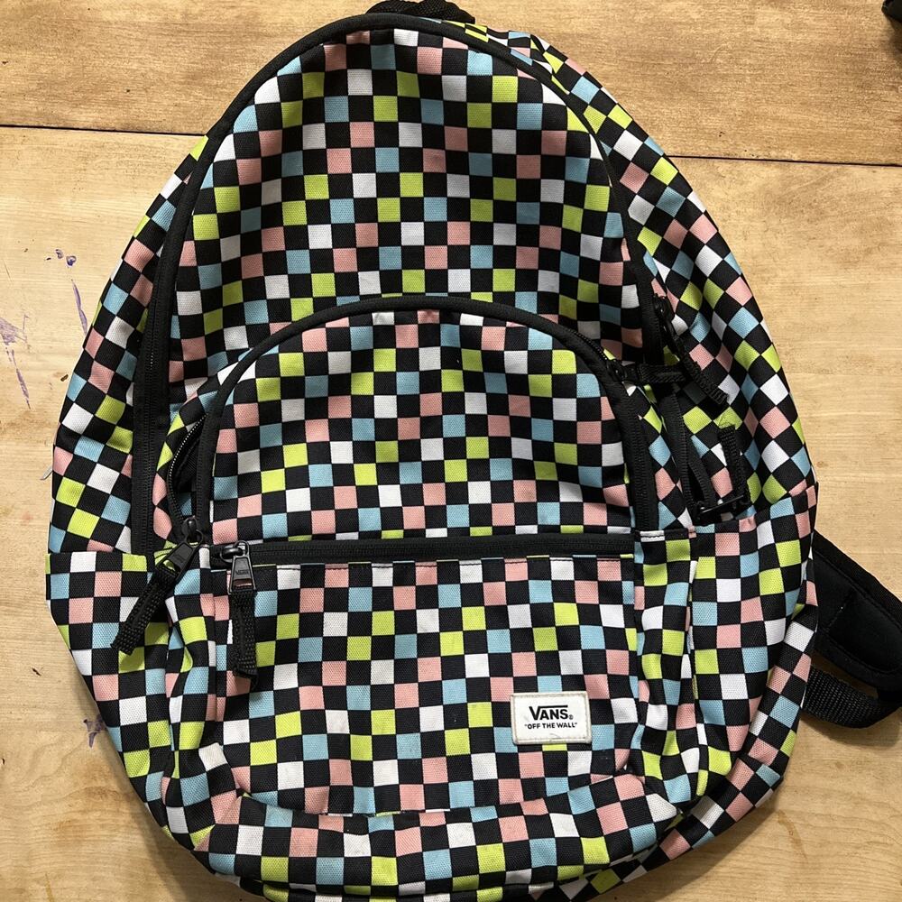 VANS BACKPACK Checkered Pattern Bookbag Multicolor Pink Blue Green Off The Wall